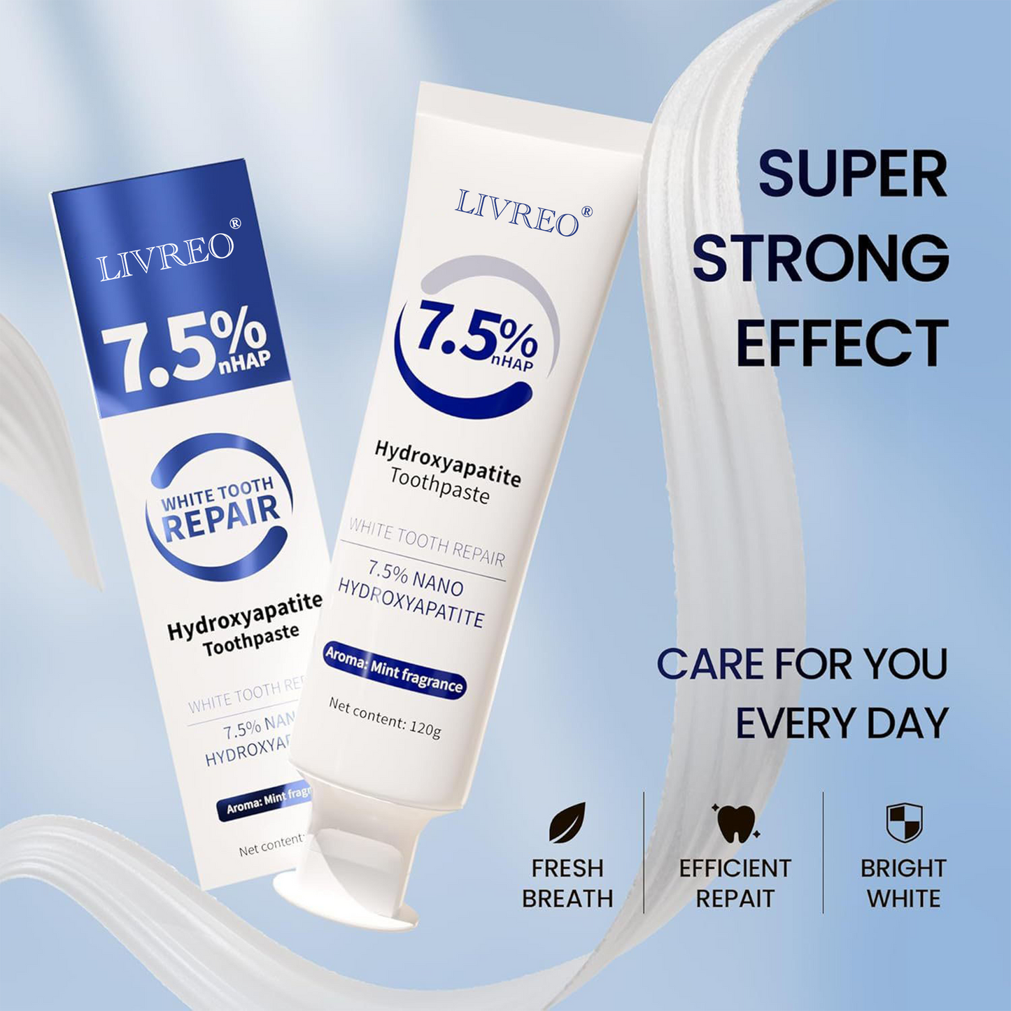 LIVREO 2Pcs 7.5% Hydroxyapatite Toothpaste for Enamel Protection and Tooth Strengthening, Gentle and Effective Formula, Sensitive Teeth, Gentle Mint, Daily Use for Oral Health