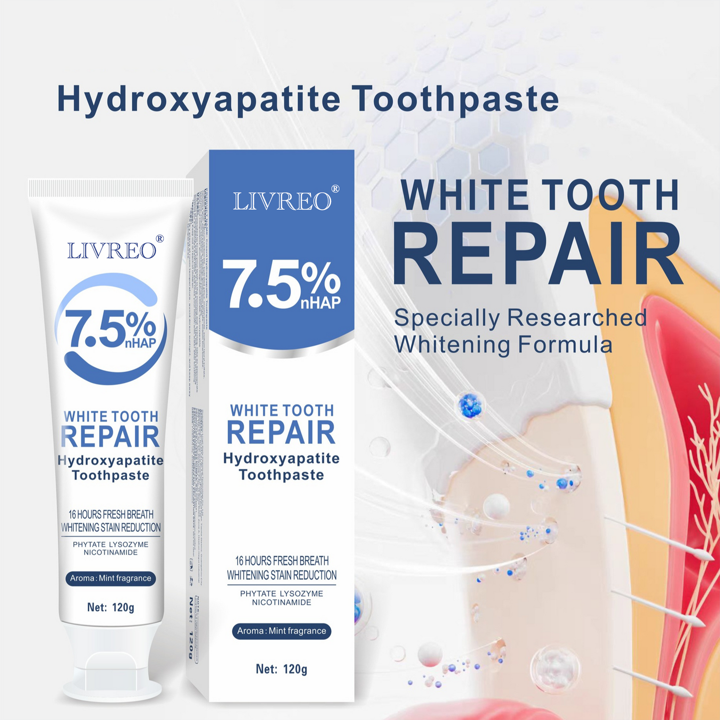 LIVREO 2Pcs 7.5% Hydroxyapatite Toothpaste for Enamel Protection and Tooth Strengthening, Gentle and Effective Formula, Sensitive Teeth, Gentle Mint, Daily Use for Oral Health