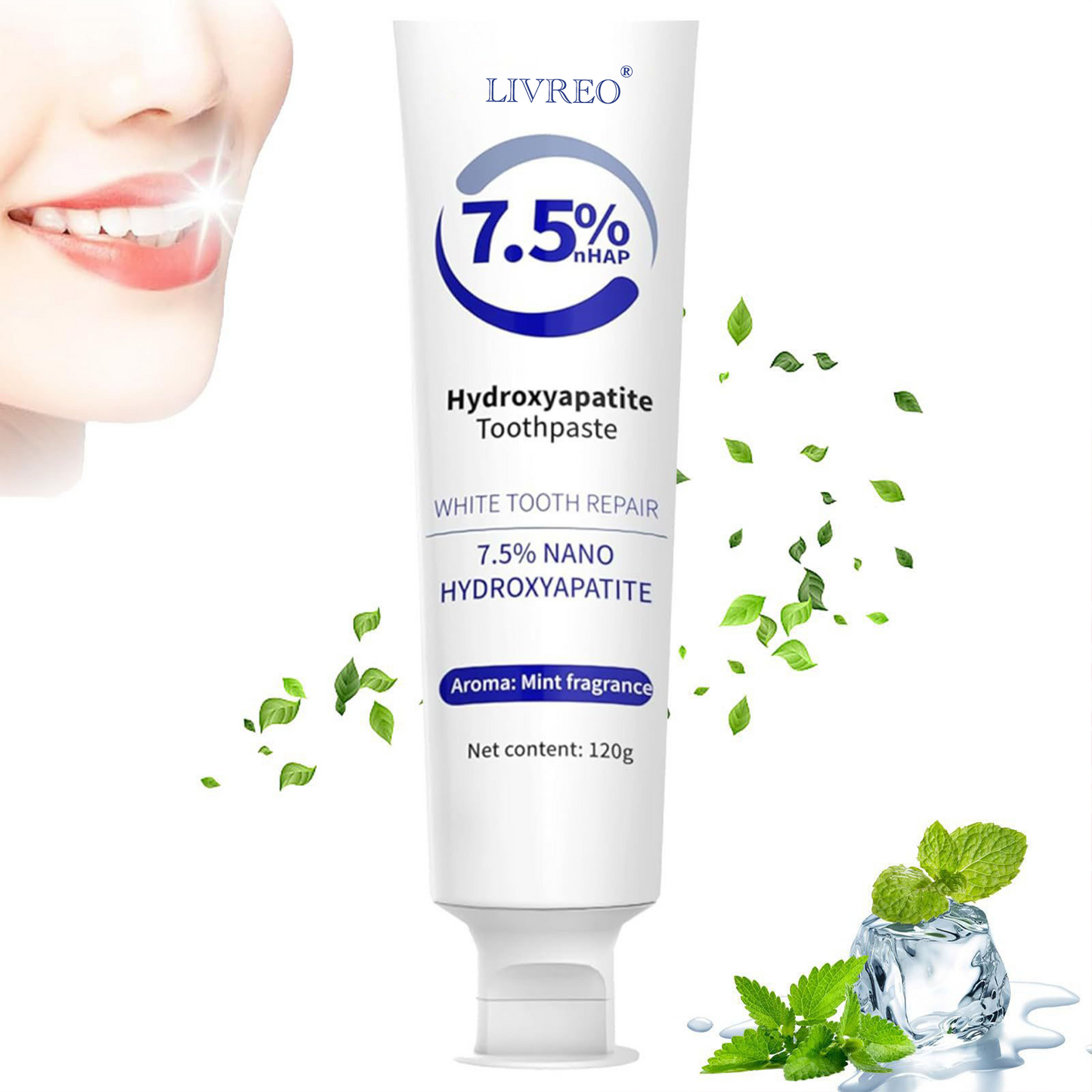LIVREO 2Pcs 7.5% Hydroxyapatite Toothpaste for Enamel Protection and Tooth Strengthening, Gentle and Effective Formula, Sensitive Teeth, Gentle Mint, Daily Use for Oral Health