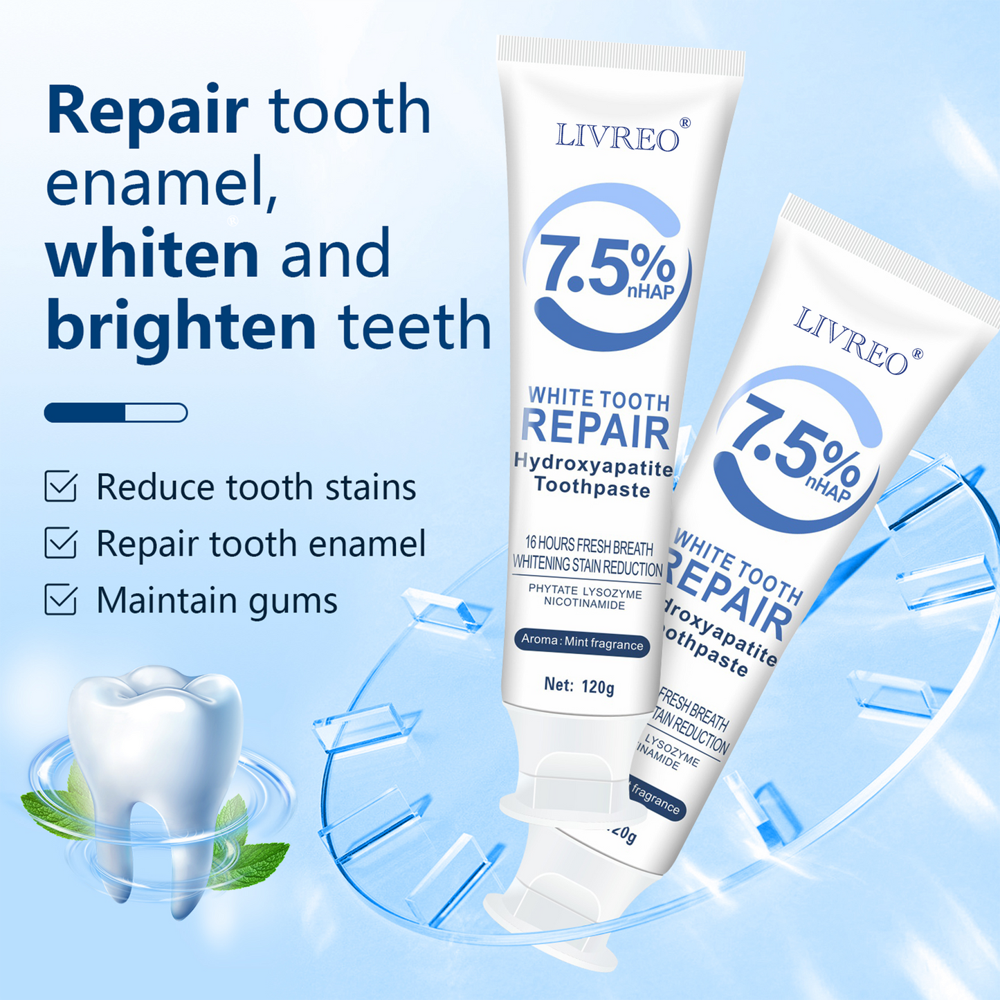 LIVREO 2Pcs 7.5% Hydroxyapatite Toothpaste for Enamel Protection and Tooth Strengthening, Gentle and Effective Formula, Sensitive Teeth, Gentle Mint, Daily Use for Oral Health