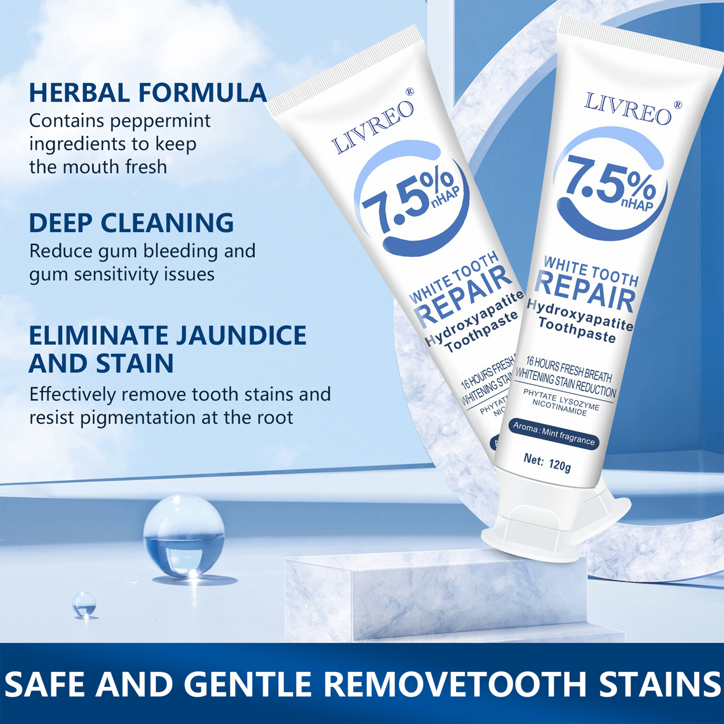 LIVREO 2Pcs 7.5% Hydroxyapatite Toothpaste for Enamel Protection and Tooth Strengthening, Gentle and Effective Formula, Sensitive Teeth, Gentle Mint, Daily Use for Oral Health