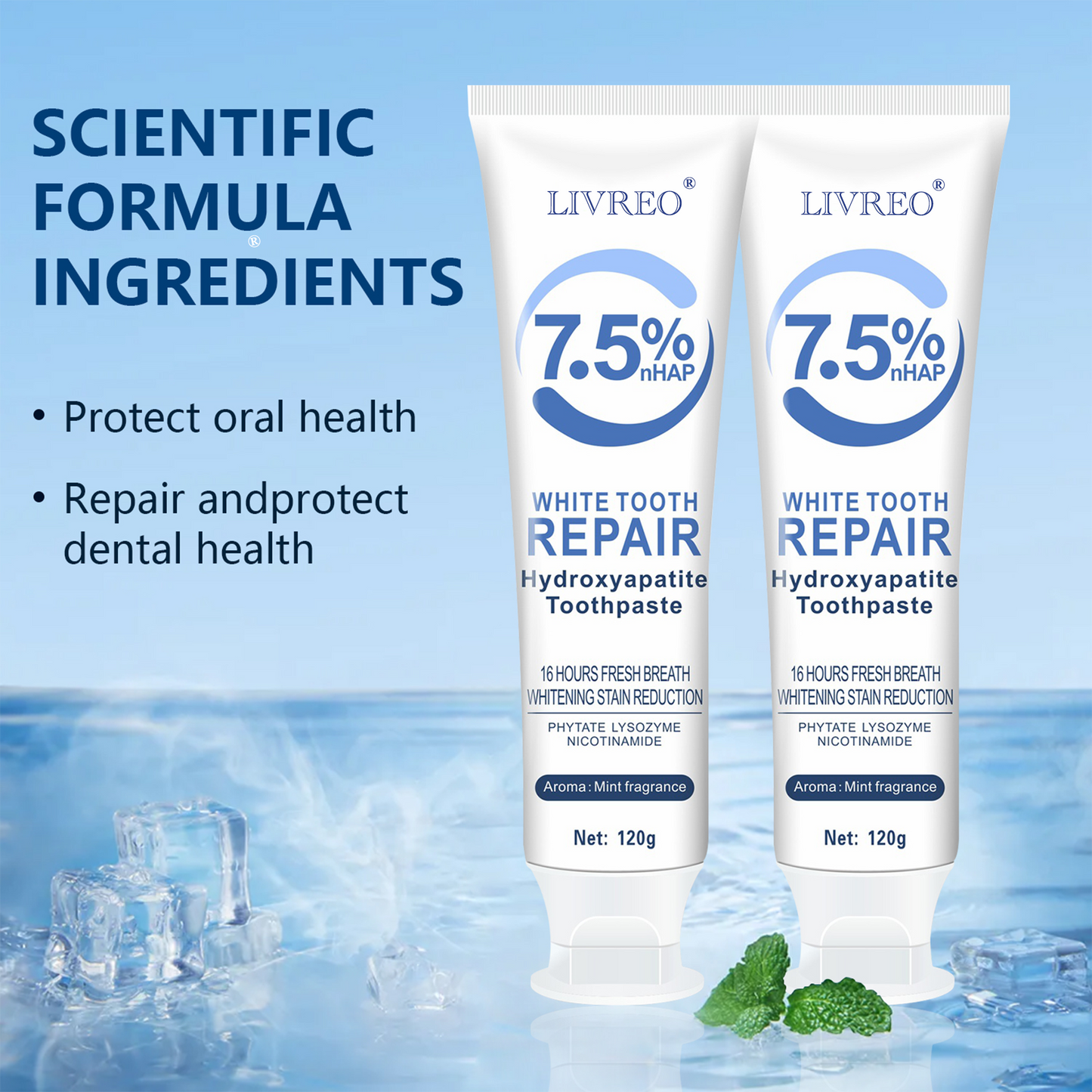 LIVREO 2Pcs 7.5% Hydroxyapatite Toothpaste for Enamel Protection and Tooth Strengthening, Gentle and Effective Formula, Sensitive Teeth, Gentle Mint, Daily Use for Oral Health