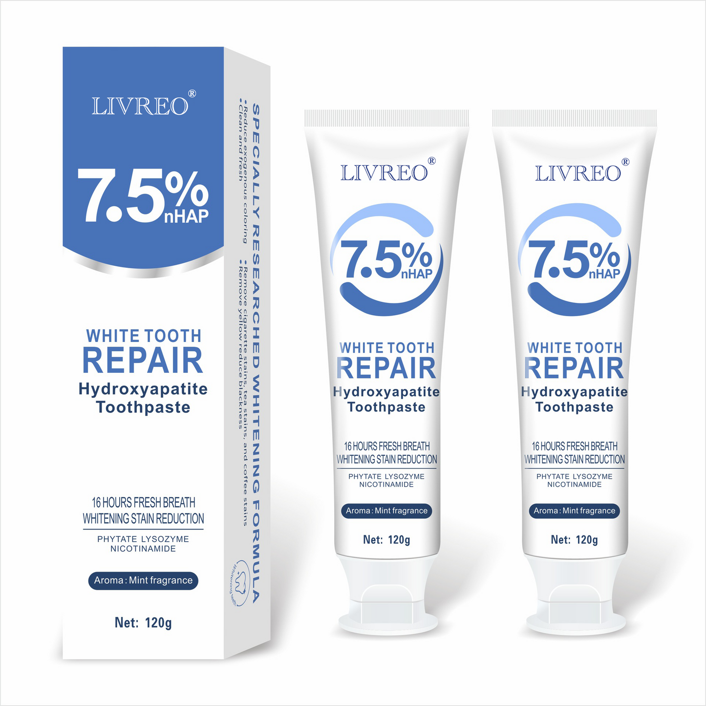LIVREO 2Pcs 7.5% Hydroxyapatite Toothpaste for Enamel Protection and Tooth Strengthening, Gentle and Effective Formula, Sensitive Teeth, Gentle Mint, Daily Use for Oral Health